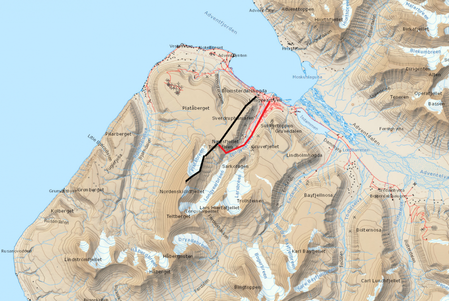 Svalbard in June - Route of hike up to Nordenskiöldfjellet. 