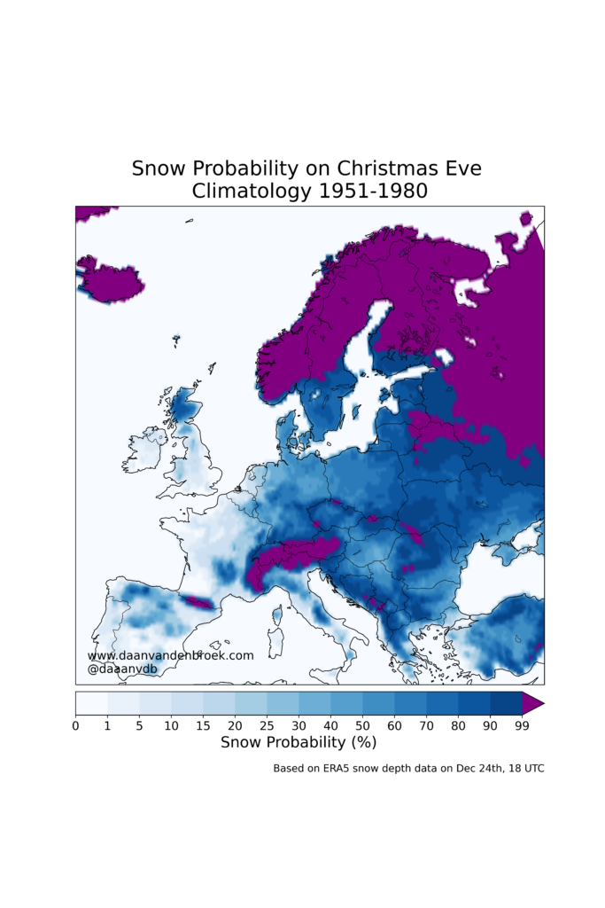 Snow Probability on Christmas Eve (climatology 1951-1980) -White Christmas in Europe - Christmas Snow Chance