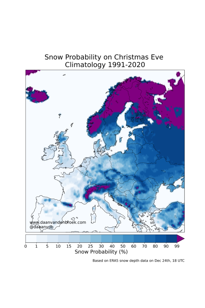Snow Probability on Christmas Eve (climatology 1991-2020) -White Christmas in Europe - Christmas Snow Chance